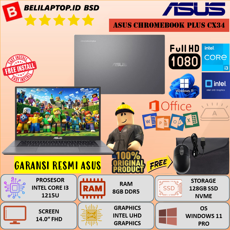 Laptop Baru Asus Core i3 1215U Ram 8GB DDR5 128GB SSD 14" FHD Windows 11 Pro Original