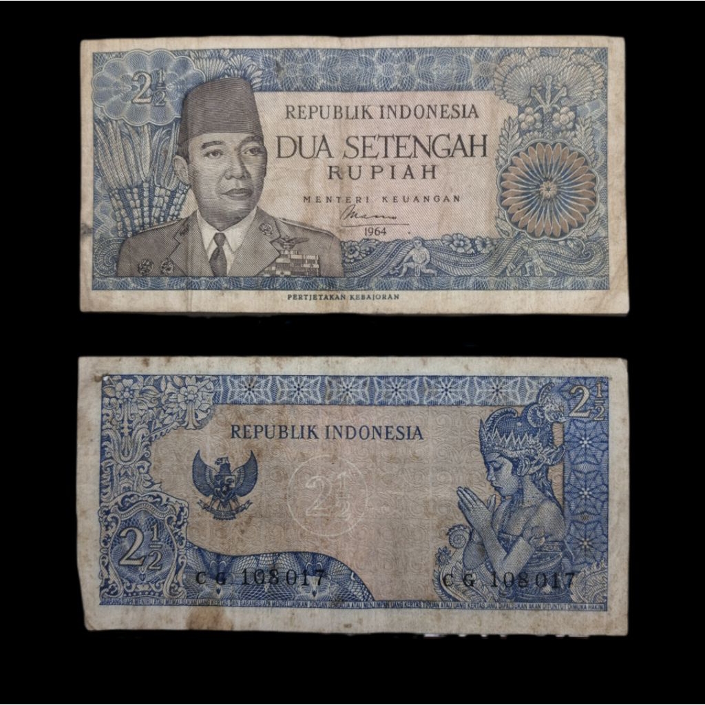 VF 2½ Rupiah Seri sukarno tahun 1964 Rp 2,5 presiden sukarno uang kertas kuno Indonesia duit jadul l