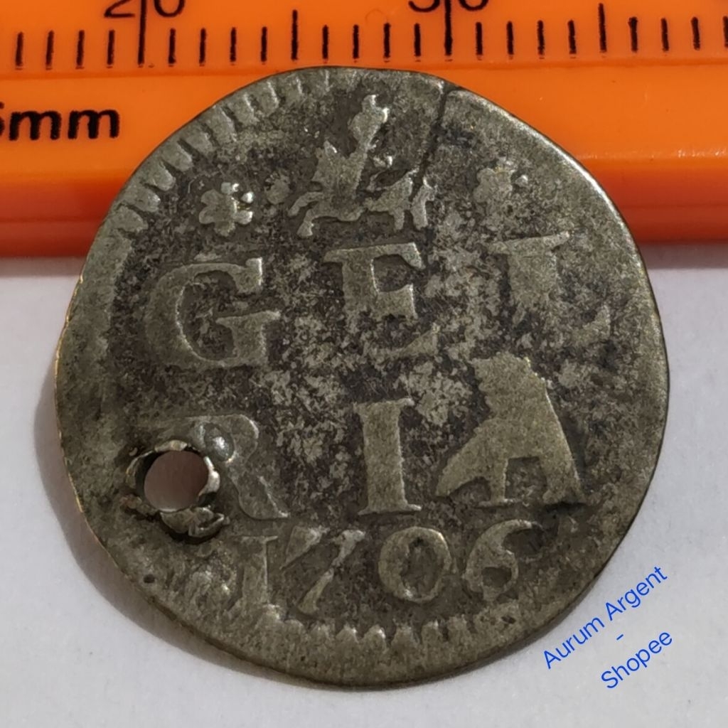 ST.32- 1 PC KOIN PERAK KUNO ASLI 2 STUIVER GELRIA TH 1706. --  SILVER COIN --
