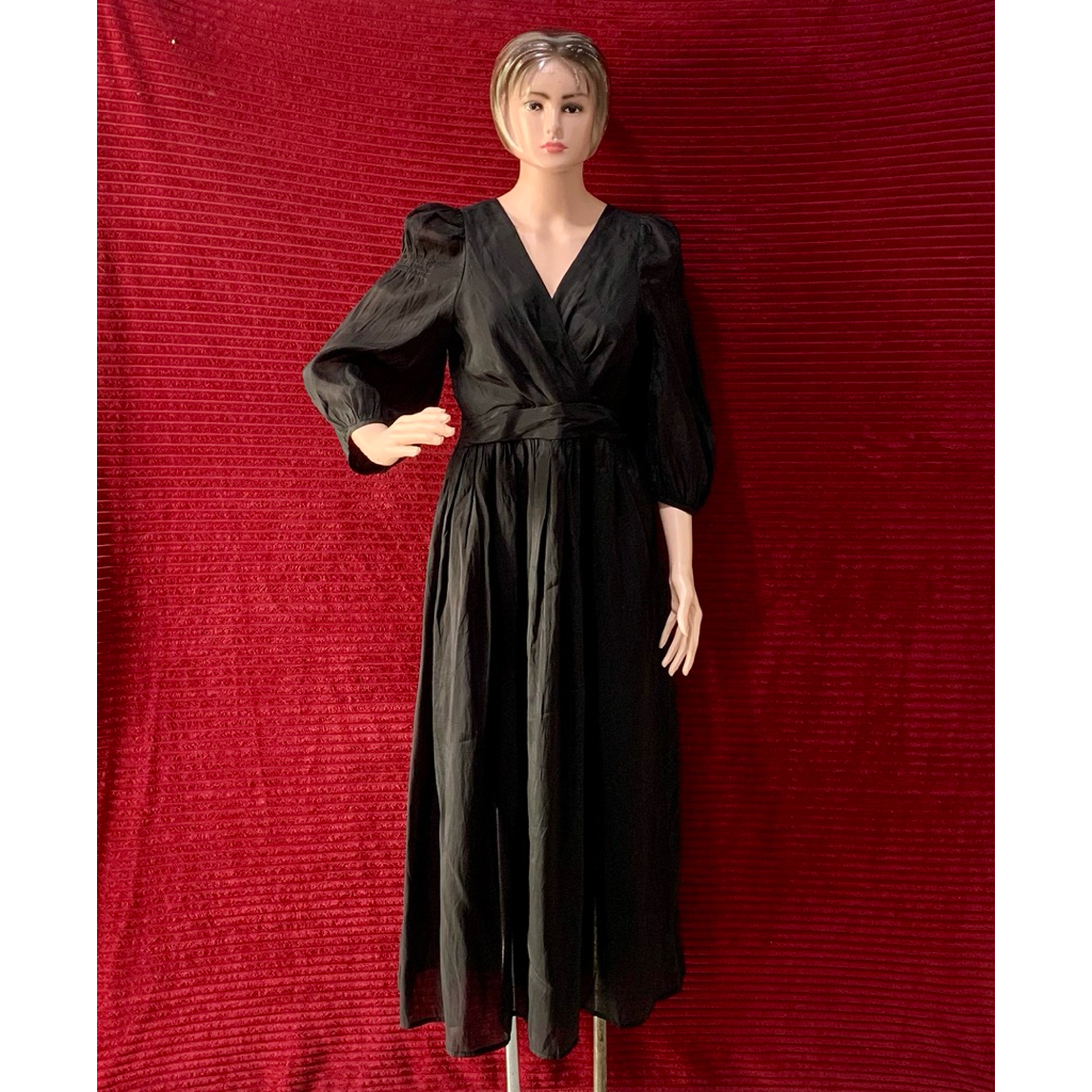 DRESS WANITA HITAM CASUAL ELEGANT | PESTA DRESS V NECK |  MIDNIGHT WRAP BLACK DRESS