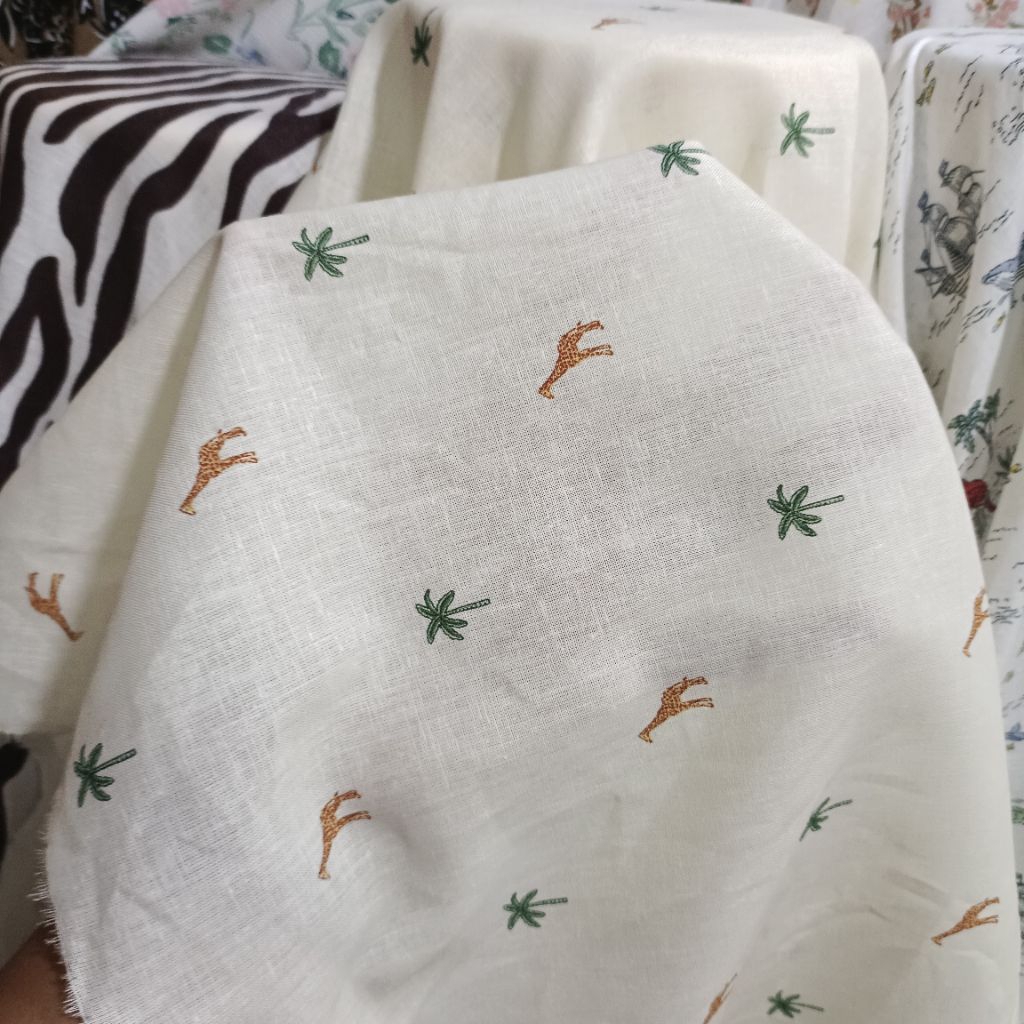 kain bahan katun linen motif - kain linen motif pohon kelapa - kain cotton kualitas premium - cotton