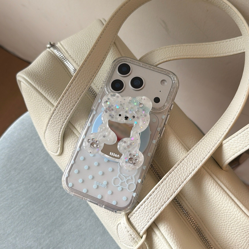 Cute Polka Blue Bear Clear Magsafe Popsocket Case Iphone 15 16 17 Pro Promax | BONBONCASE.ID