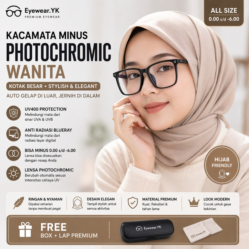 Kacamata Minus Wanita Photocromic Anti Radiasi Blueray Frame Kotak Besar 0-600 Hijab Friendly
