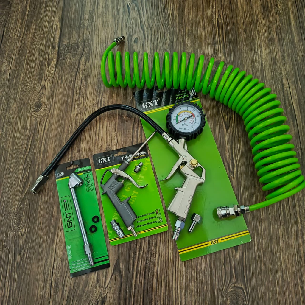 Paket Peralatan Kompresor Selang Spiral 6 Meter + Air Chuck Gun - Semprotan Agin + Inflator Gun 3 In