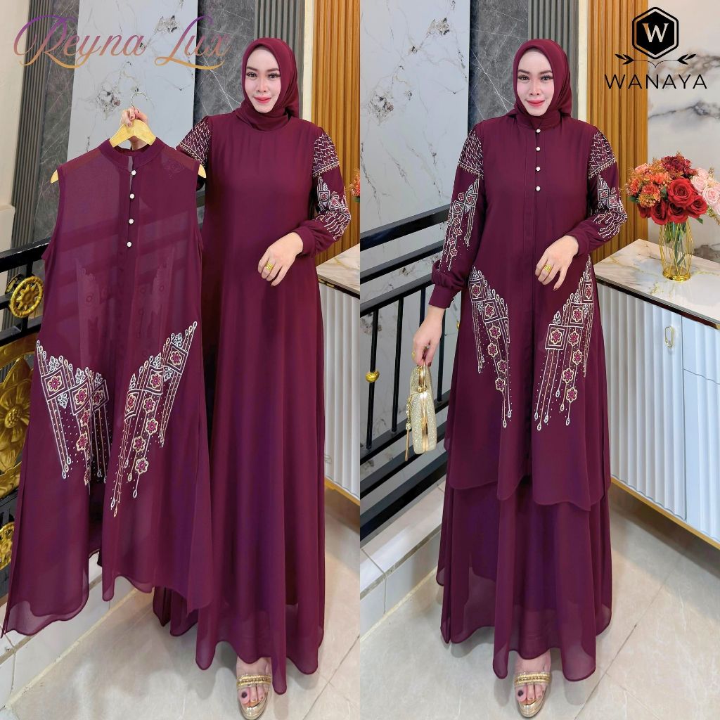 Reyna Lux Gamis Premium Ceruty Babydoll Dua Layer Lepas Pasang Gratis Jilbab Full Bordir dan Payet