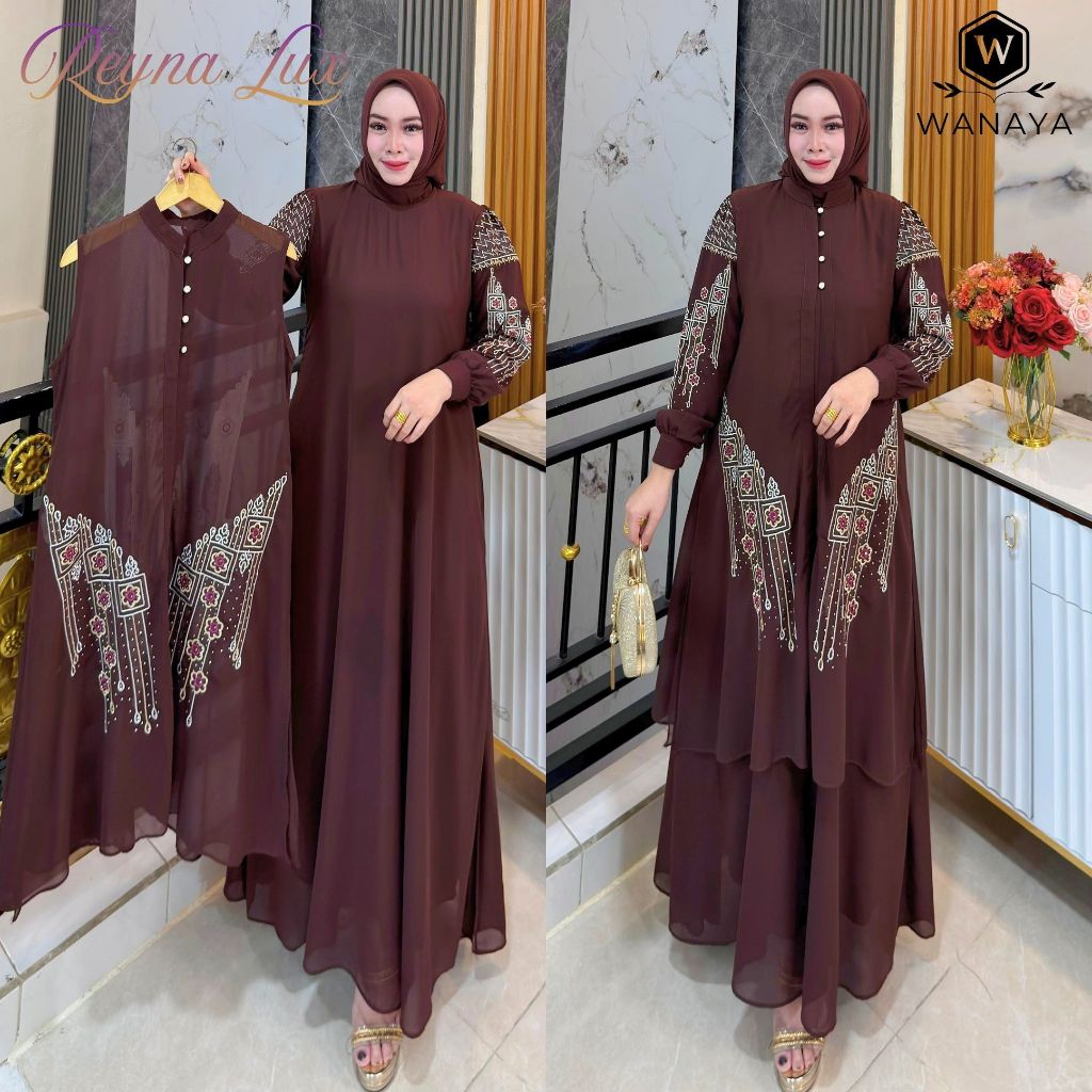 Reyna Lux Gamis Premium Ceruty Babydoll Dua Layer Lepas Pasang Gratis Jilbab Full Bordir dan Payet