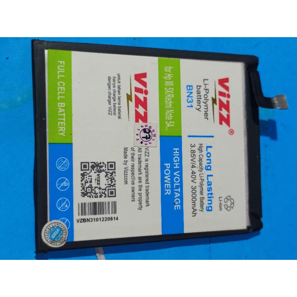 Baterai hp merek Vizz redmi  BN31 for:hp MI5X/Note5A kondisi second copotan