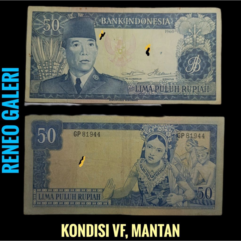 VF Rp 50 Rupiah Seri Sukarno Tahun 1960 Presiden Soekarno Uang kertas kuno Indonesia duit lama asli 