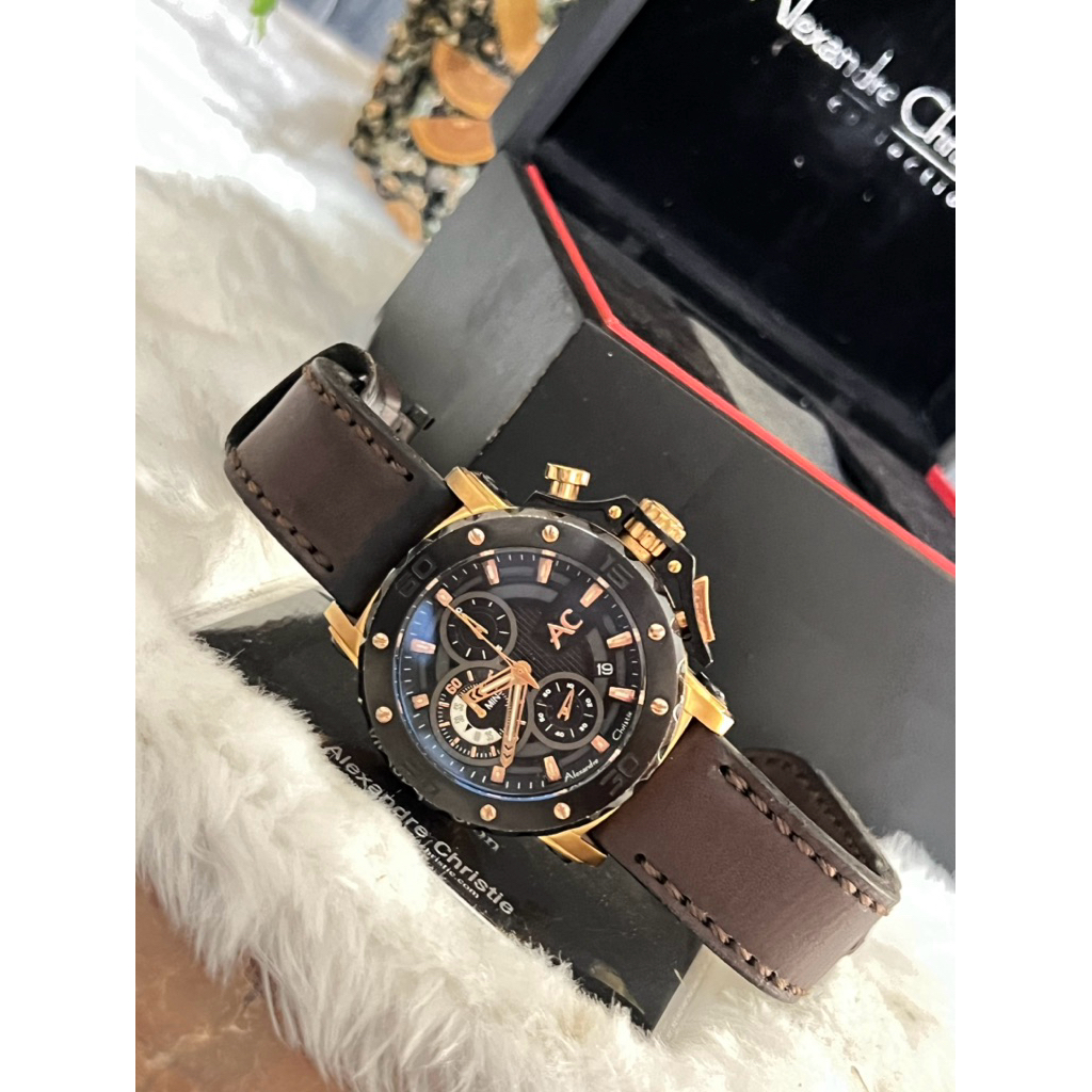 Dijual Jam Tangan alexandre Christie Collection, AC 9205 MC Hitam Rosegold Strap Kulit