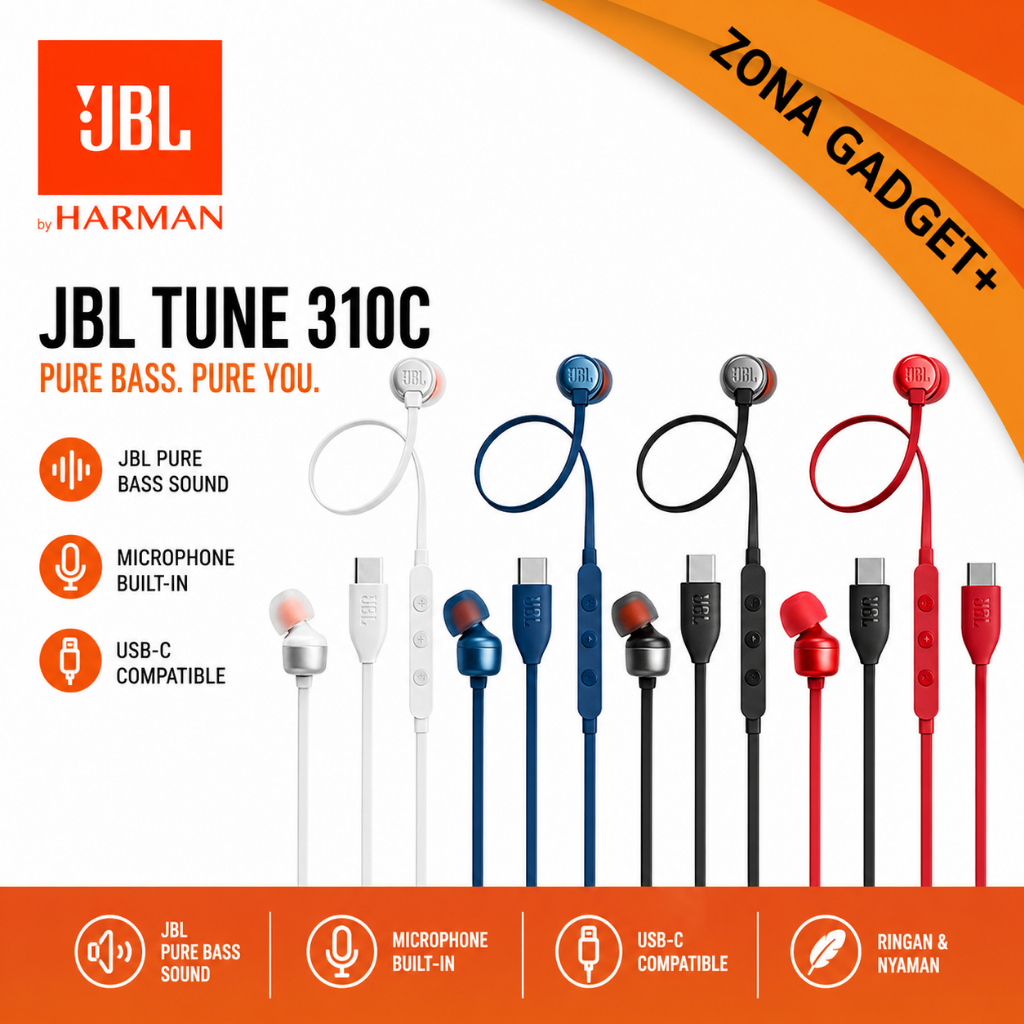 JBL Tune 310C USB-C Earphone Original by Harman Pure Bass Sound Headset Type C + Mic