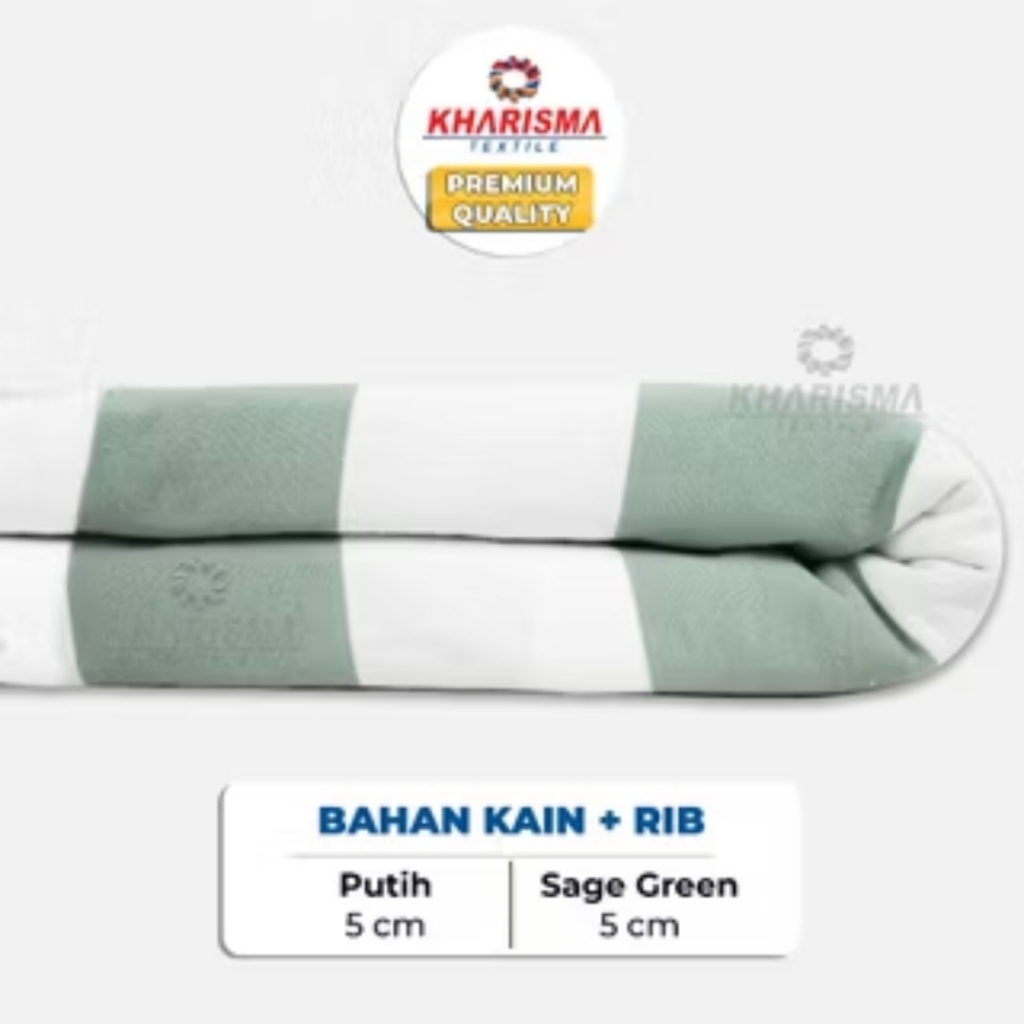 Kain Bahan Kaos Salur Besar 5cm Putih - Hijau Sage Green CVC 24s Corak Motif Garis Stripe Lebar 5 cm
