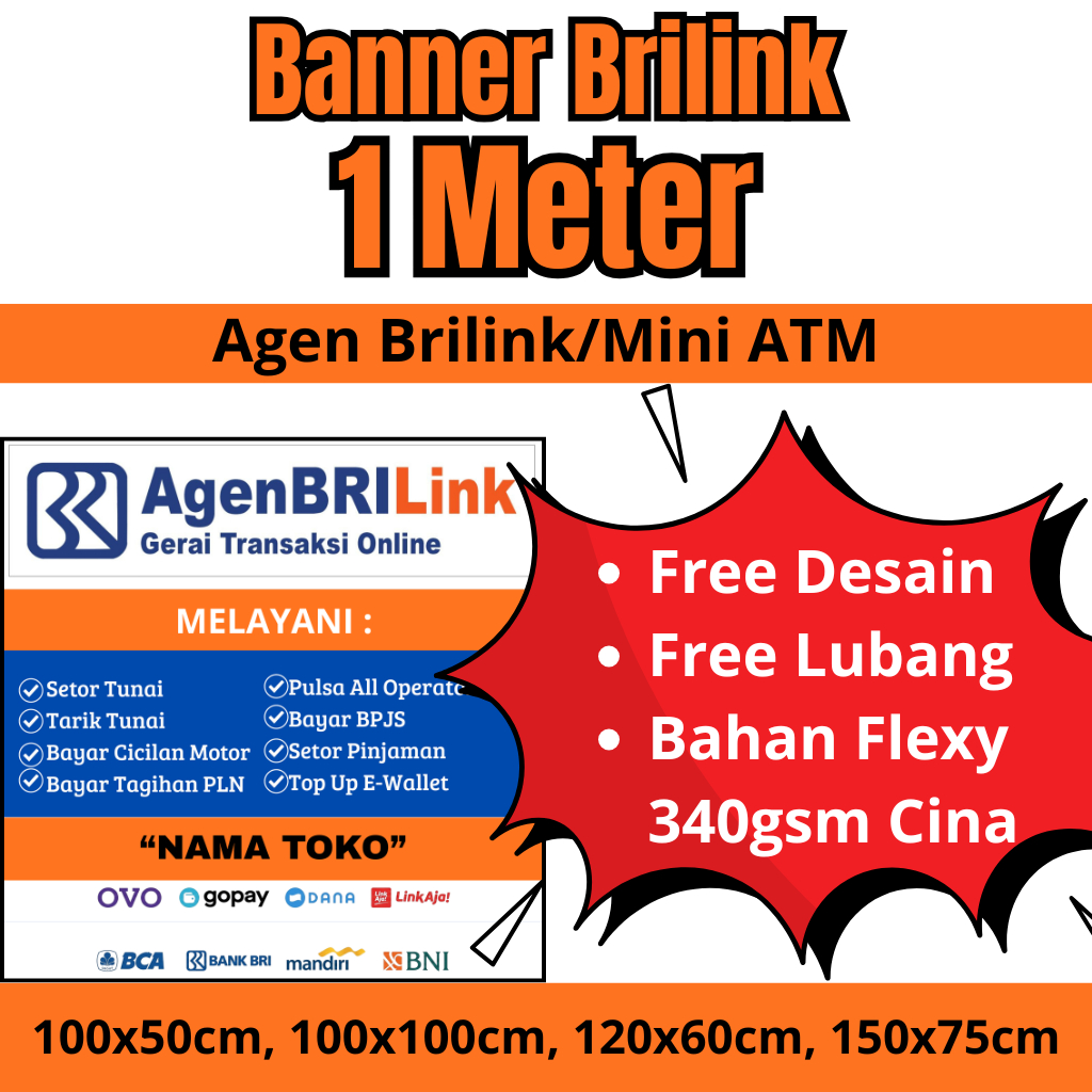 Spanduk Banner Mmt Agen Brilink 1 Meter - Free Desain Flexy 280gsm - Mini Atm Brilink Konter Pulsa