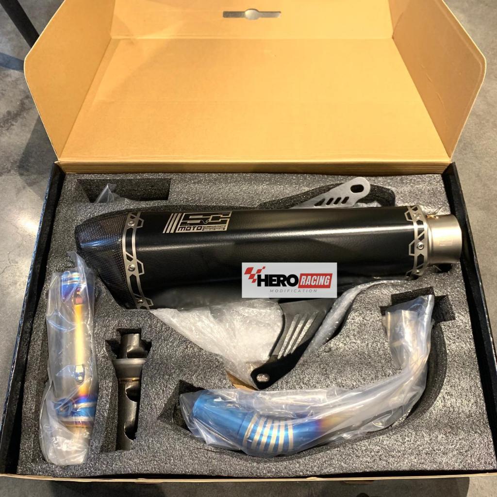 SC MOTO THAI KNALPOT MOTOR XMAX NEW OLD CONNECTED FULL TITANIUM STAINLESS STEEL WARNA SILVER-BIRU ; 