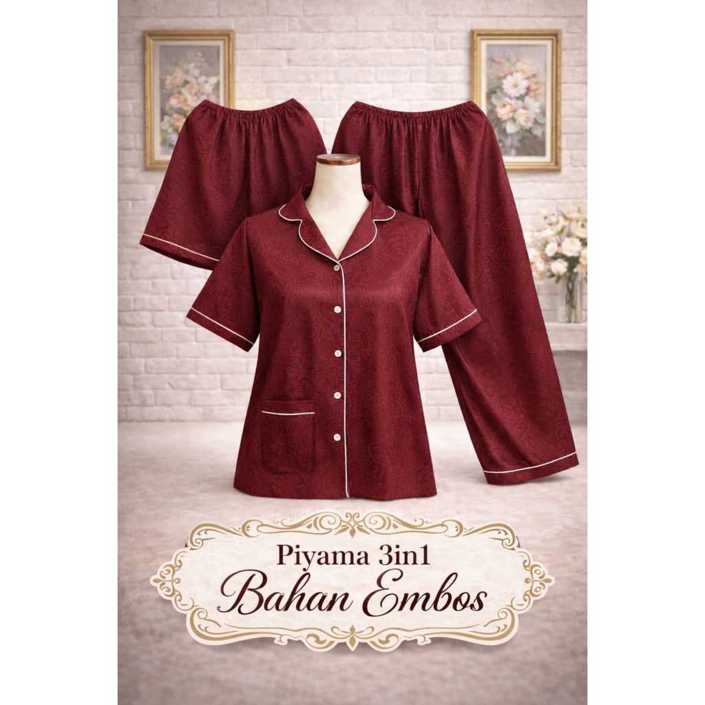 Baju Tidur Wanita dewasa setelan piyama embos 3 in 1 ukuran M , L, XL, XXL