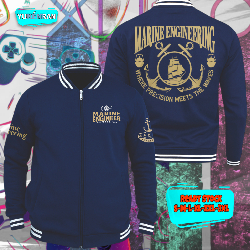 JAKET VARSITY PELAUT ENGINE MARINE ENGINEERING WAVES AND PRECISION DESIGN CASUAL BAHAN COTTON