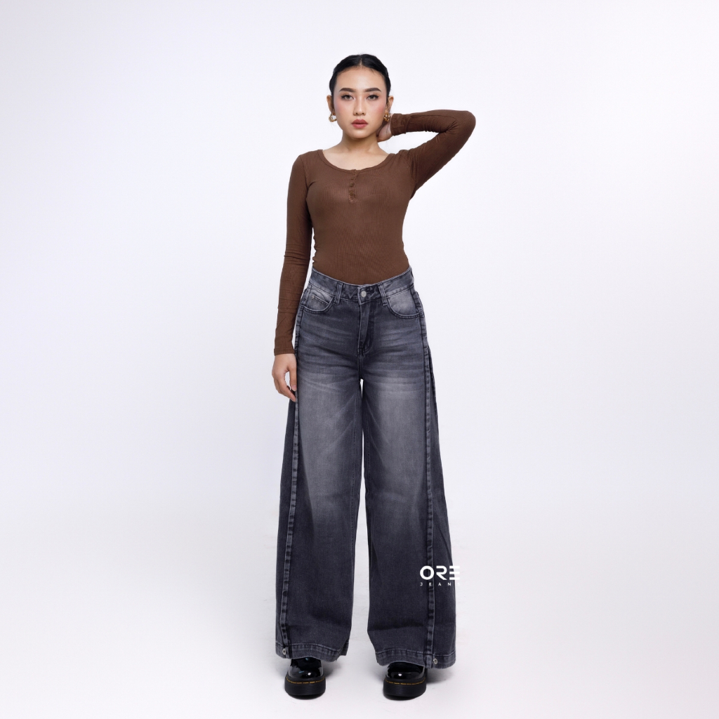ORE - Needa Kulot Barrel Pants Jeans Celana Wanita With Buttons Click Changed Kekinian Terbaru