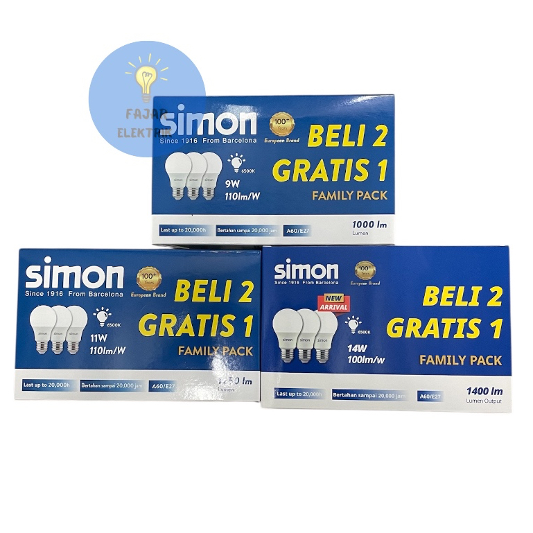 SIMON LAMPU LED FAMILY PACK 9 11 14 WATT BELI 2 GRATIS 1 WARNA PUTIH
