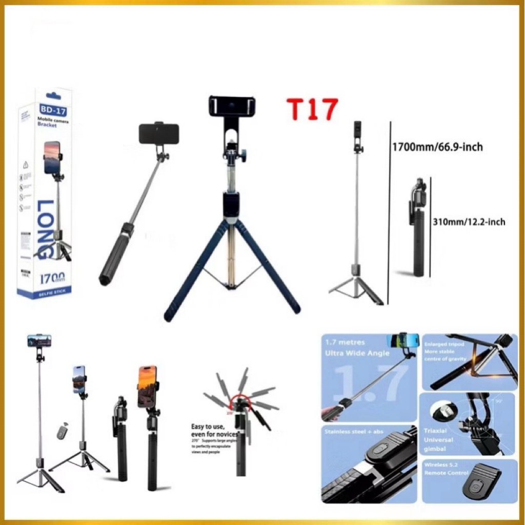 Tripod Tongsis Bluetooth T17 Tripod Selfie Stick Remote Shutter + Lampu LED 170CM