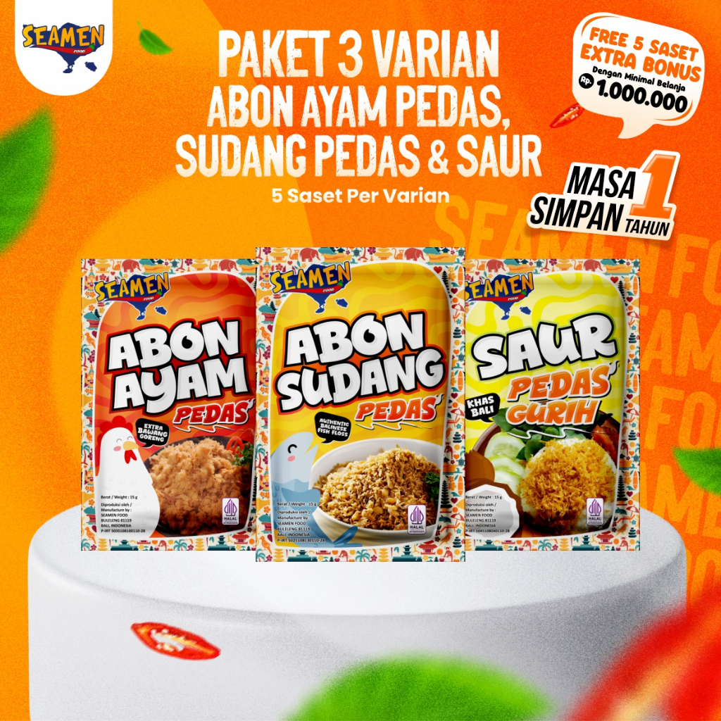 PAKET 3 VARIAN SASET ABON AYAM PEDAS, SUDANG PEDAS & SAUR. 5 Saset per Varian. Masa Simpan 1 Tahun