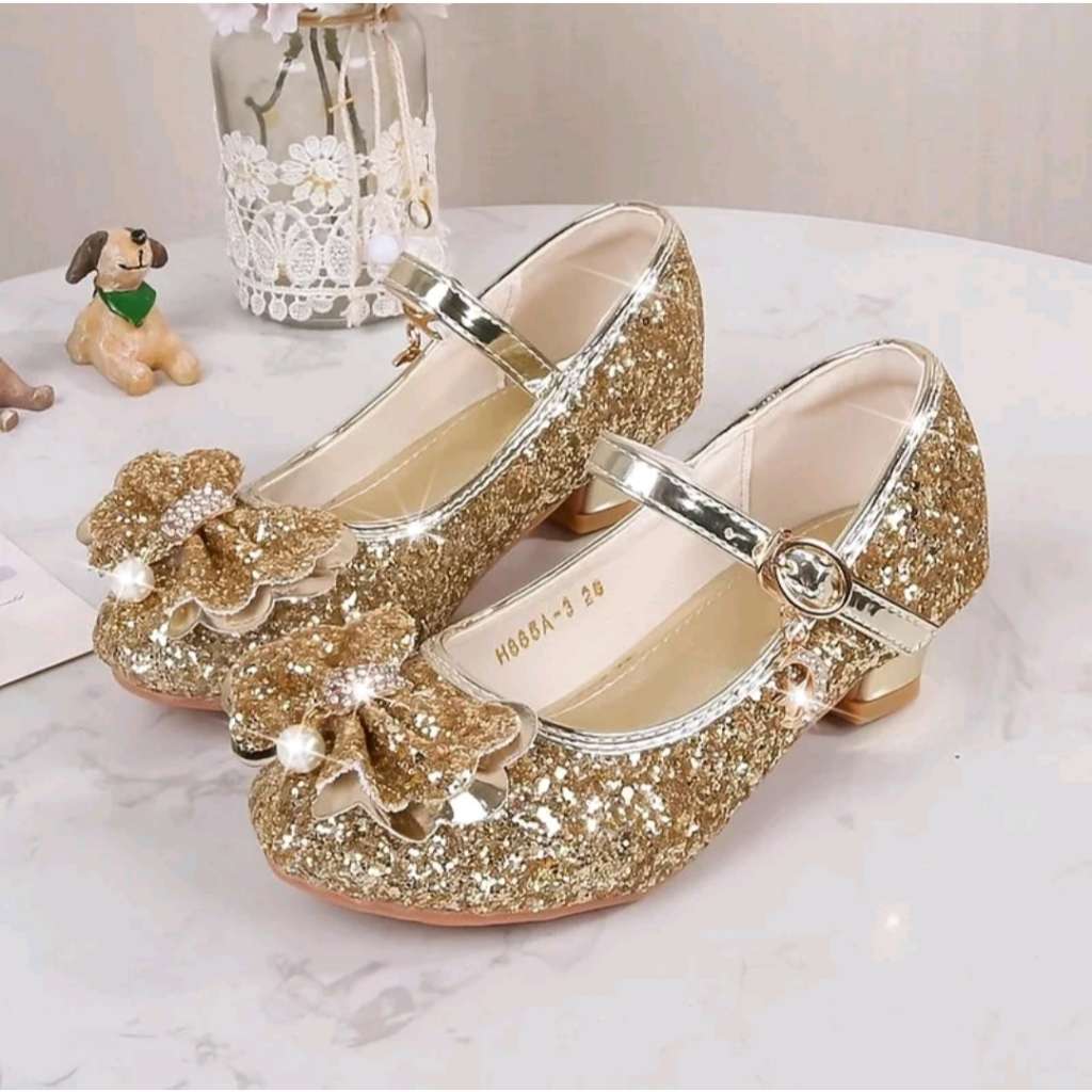 Sepatu Kulit Putri Untuk Anak Perempuan Bunga Kasual Glitter Sepatu Anak Perempuan Hak Tinggi Simpul