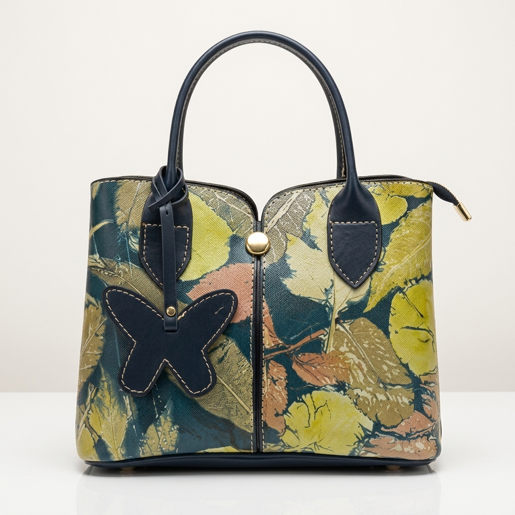 Tas Kulit Premium Tratvan Ecoprint Tas Kulit Wanita Mewah dengan Motif Daun Ecoprint Kulit Tas Navy