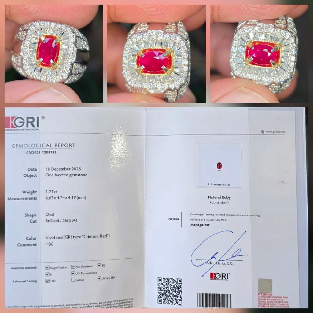 Batu Natural HQ Vivid Red Crimson Red Ruby Sertifikat 1.21 crt