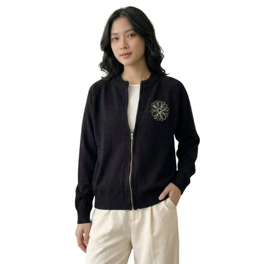 Dailyofprincess Flowa Jaket Rajut Wanita Resleting Aktif Rajut Bordir