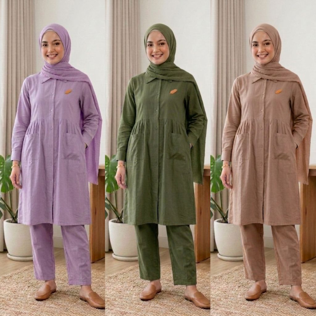 Melinda One set long tunik polos bahan rayon twill premium//setelan celana wanita dewasa full kancin