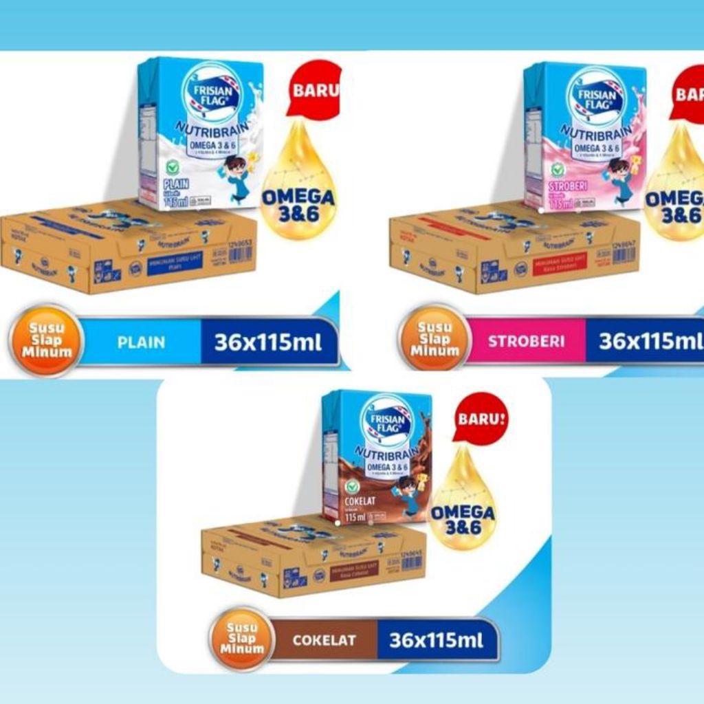 Frisian Flag Susu UHT Milky Nutribrain Plain/ Chocolate/ Stroberi 1 dus (isi 36 pcs x 115mL)