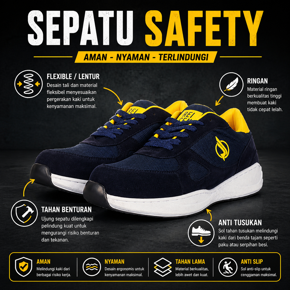 SEPATU SAFETY SPORT UJUNG BESI SOL ANTI PAKU SAFETY SHOES PRIA IMPORT ORIGINAL