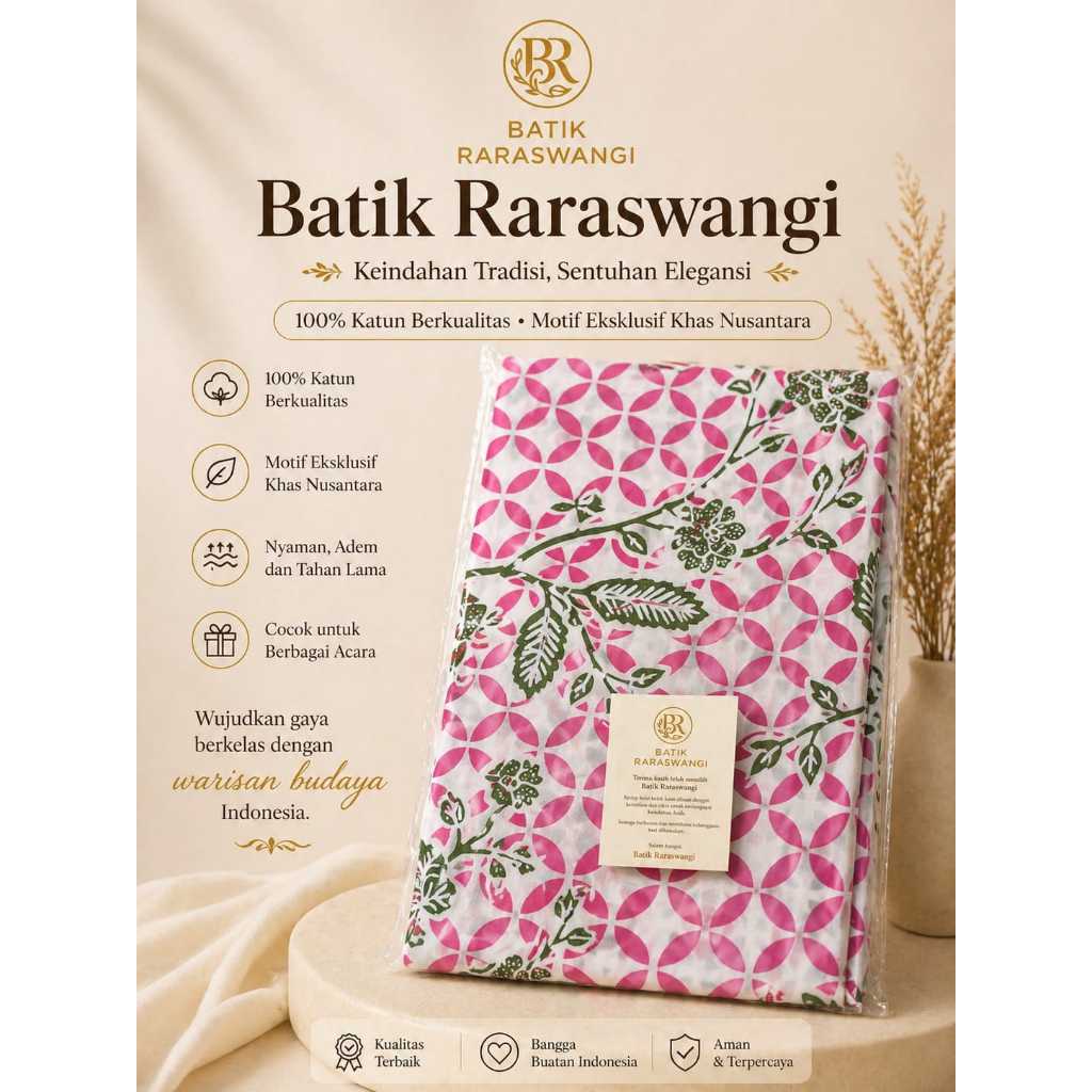 Kain Batik Katun premium solo Motif Kawung Bunga Floral Modern Warna Pink Bunga Hijau ukuran 2,4 met