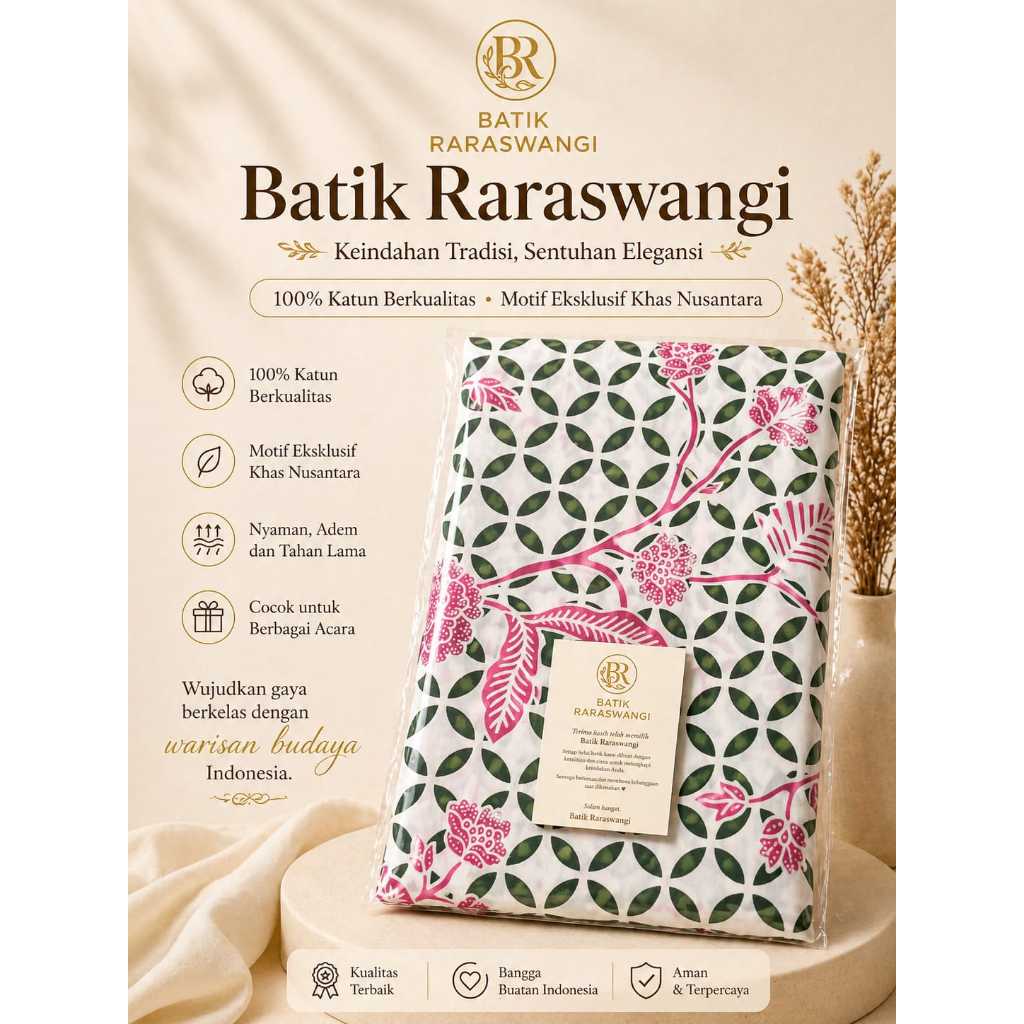 Kain Batik Katun premium solo Motif Kawung Bunga Floral Modern Warna Hijau Bunga Pink ukuran 2,4 met