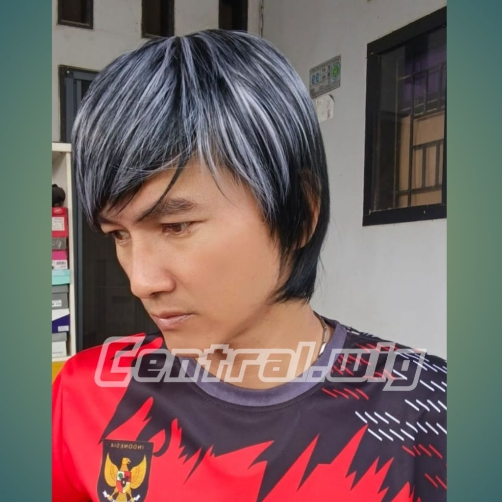 Wig Pria Pendek Rambut palsu pria model korean style highlight black grey
