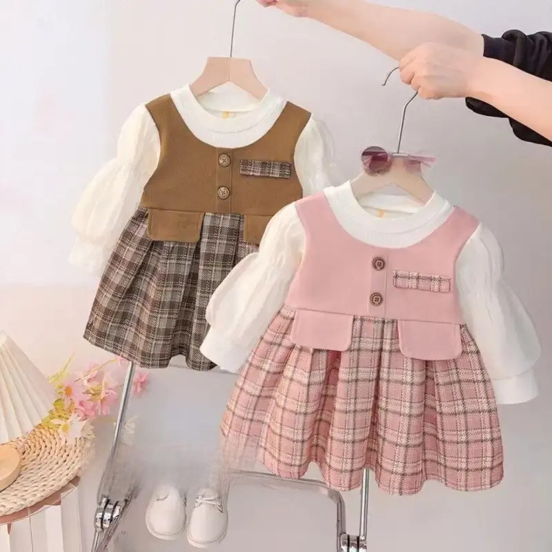 Setelan Dress Korea Anak Cewek 1-4 Tahun | Baju Anak Perempuan Lengan Panjang Balon Kombinasi Rompi 