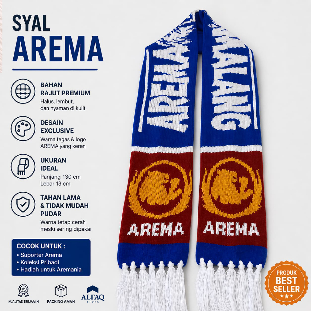 Syal Arema Rajut Premium 130x13cm | Syal Bola Aremania Knit Tebal Halus | Scarf Arema Malang Support