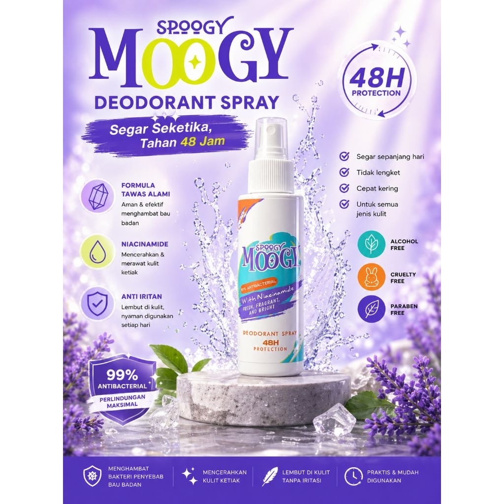Spoogy Moogy Deodorant spray tawas dengan Niacinamide. Non-alkohol dan BPOM.