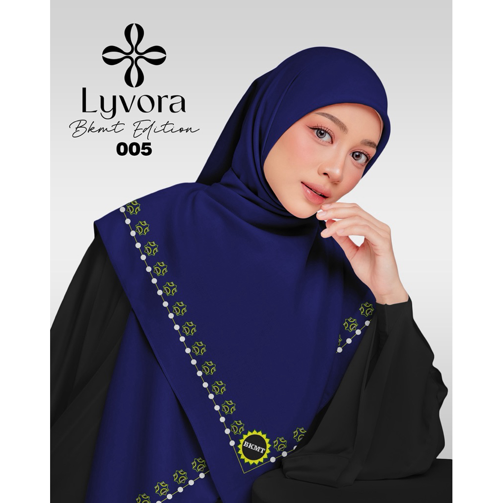 Jilbab BKMT - 005 Biru Dongker - Hijab Voal Premium Lyvora – Segi Empat Adem, Laser Cut, Zipper Bag