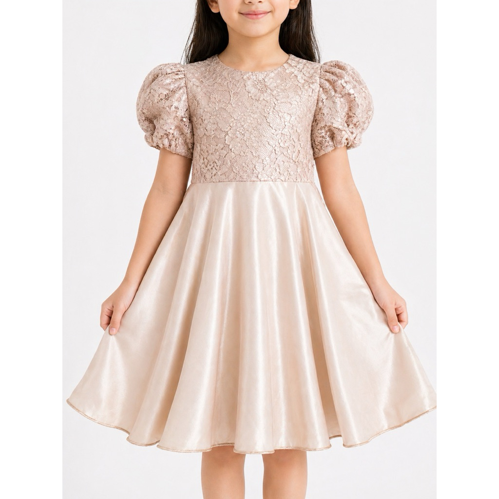 PRELOVED Dress Anak Lace Puff Sleeve Elegant Party Dress 4-6 Tahun | Dress Brokat Anak Perempuan | M