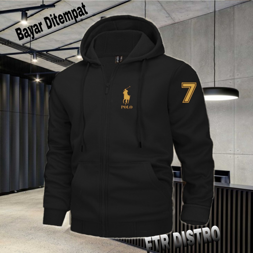 (COD) Jaket Resleting Distro Logo Polo+7 Text Gold Jaket Pria Wanita Terkeren Jaket Denim Distro Kat