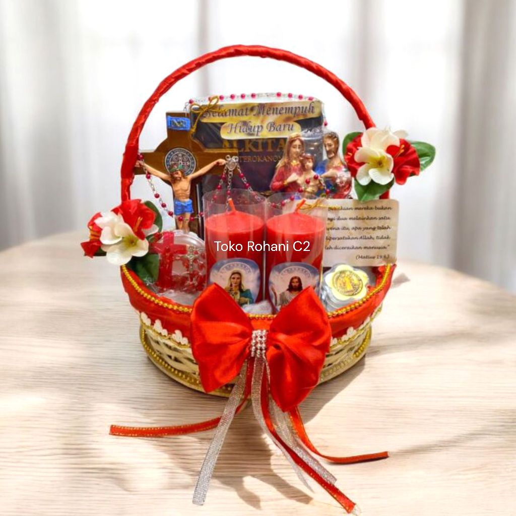 Paket Pernikahan Katolik Warna Merah (Keranjang Rotan) - Paket Pernikahan - Seserahan Pernikahan Kat