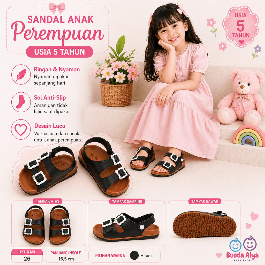 Sepatu Sendal Anak Perempuan Umur 6 7 8 Tahun HITAM Elastis - Sepatu Sandal Anak Cewek Model Tali An