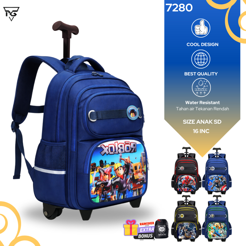Tas Sekolah Anak SD Trolley 16 Inch Roda Dorong Karakter Roblox Waterproof Kuat Multifungsi 7280