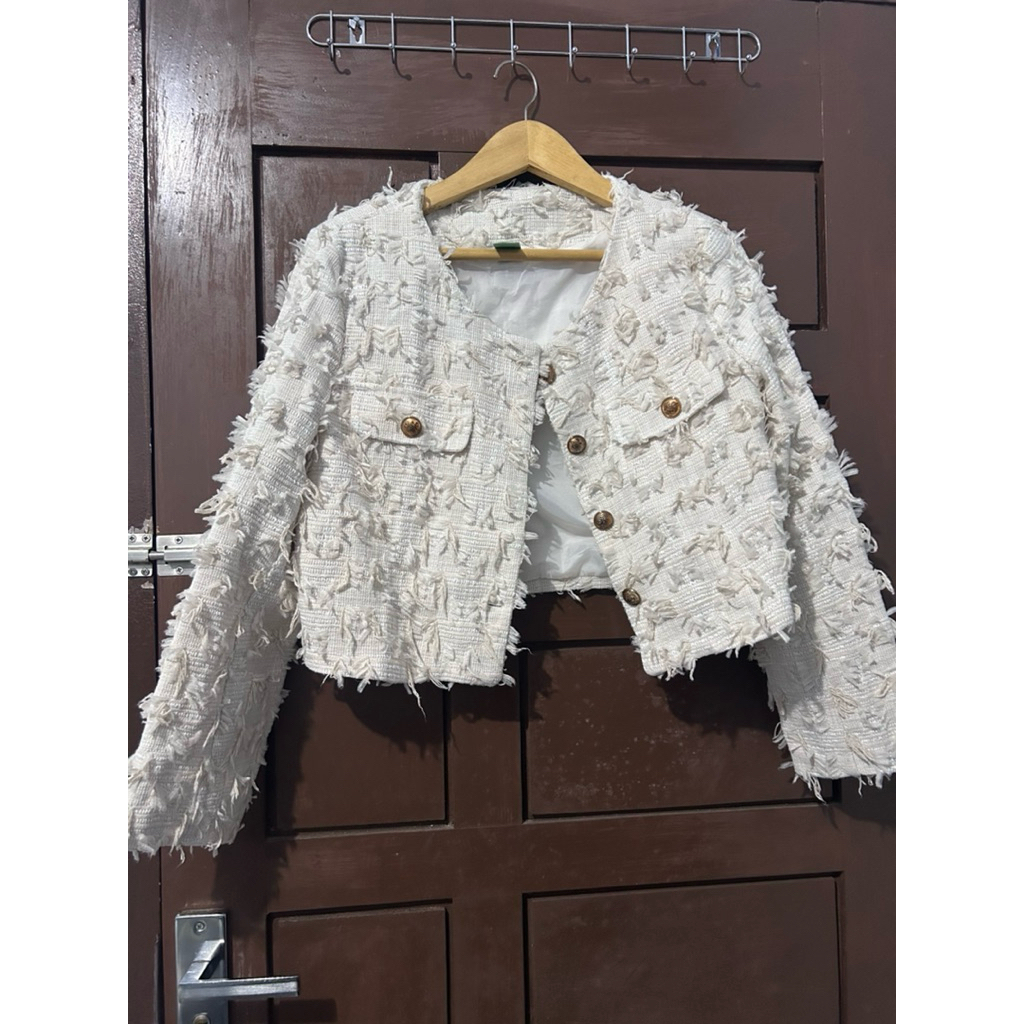Cardigan Blazer Tweed BKK ivory cream tweed atasan top wanita pinterest idea luaran casual look wani