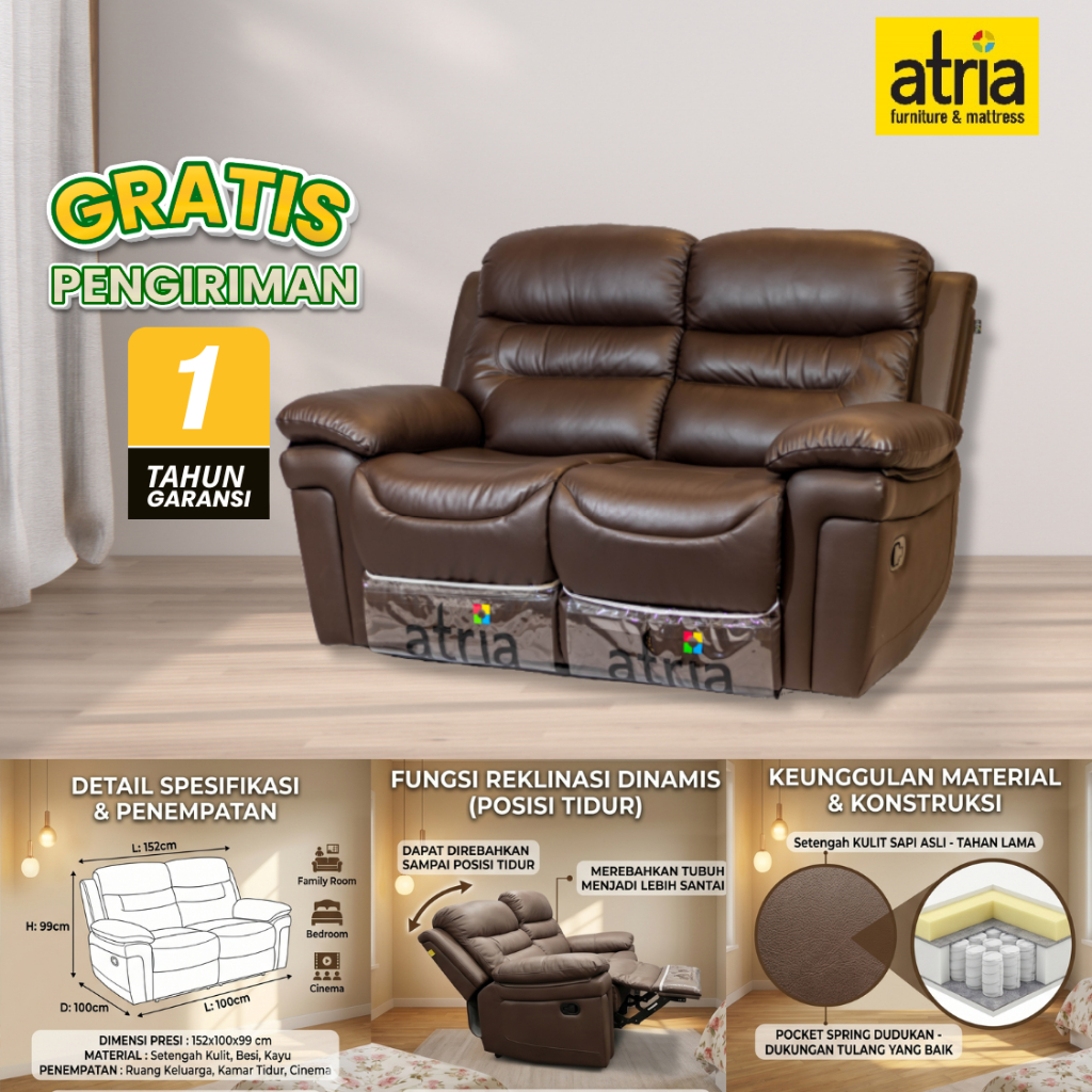 Atria Sofa Santai Bolivia Recliner Half Leather 2 SEAT