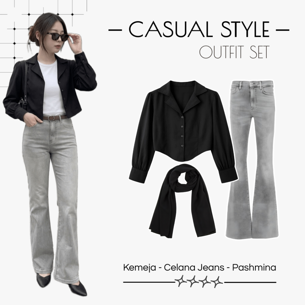 One Set Kekinian | Kemeja Crop, Celana Jeans, Pashmina | Outfit Casual Wanita, Setelan Outfit Wanita