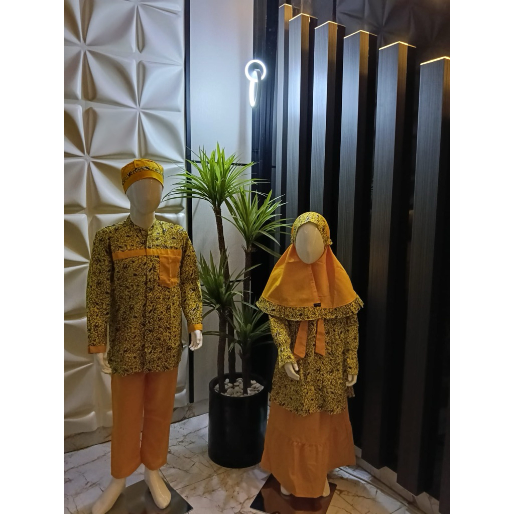 Setelan Batik Seragam Muslim Anak TK/PAUD dan Koko Batik kuning + Hijab & Peci
