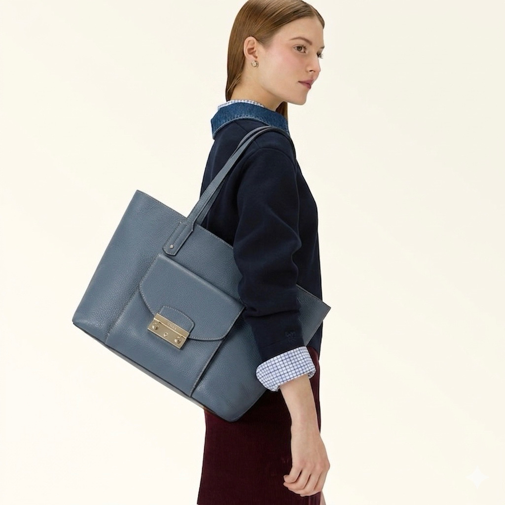 FURLA Gilda M Tote Bag Leather Blue - Authentic Premium Luxury Shoulder Bag / Grey Pebbled Leather T