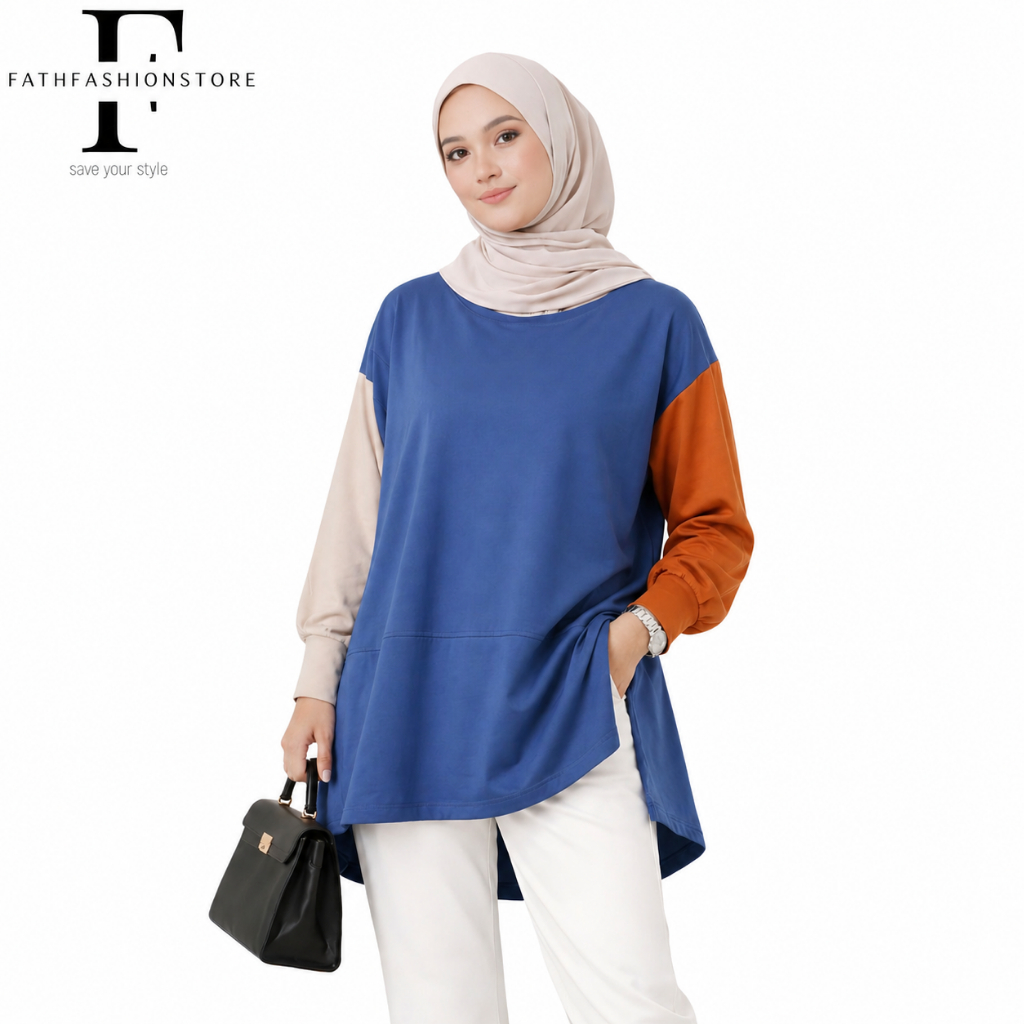 Tunik Oversize Wanita Kombinasi Warna | Kaos Panjang Casual Simple Elegan