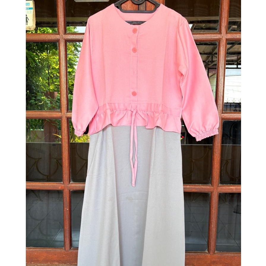 Gamis Wanita Pink Abu Kombinasi | Dress Panjang Casual Manis | PRELOVED