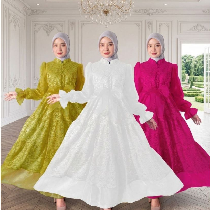 Gamis organza / Gamis Brukat Organza kombinasi Mutiara / Pakaian Muslimah